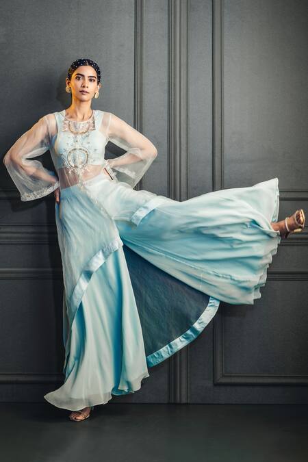 Shop_Nayna Kapoor_Blue Net, Georgette Bead Work, Thread Embroidered Asymmetric Jacket Palazzo Set_Online_at_Aza_Fashions