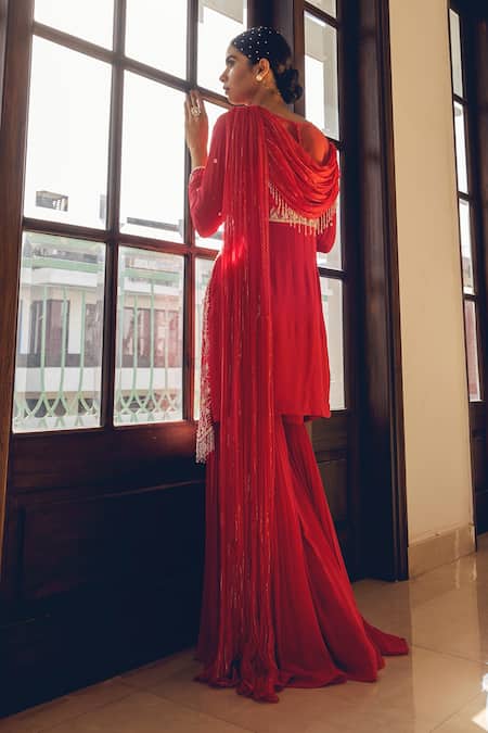 Shop_Nayna Kapoor_Red Chiffon And Georgette Bead & Thread Work Open Embroidered Sharara Set _at_Aza_Fashions