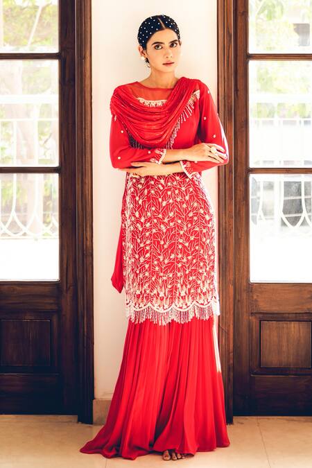 Nayna Kapoor_Red Chiffon And Georgette Bead & Thread Work Open Embroidered Sharara Set _Online_at_Aza_Fashions