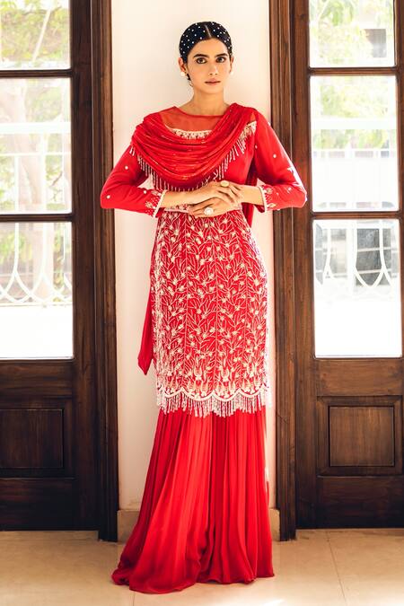 Buy_Nayna Kapoor_Red Chiffon And Georgette Bead & Thread Work Open Embroidered Sharara Set _Online_at_Aza_Fashions