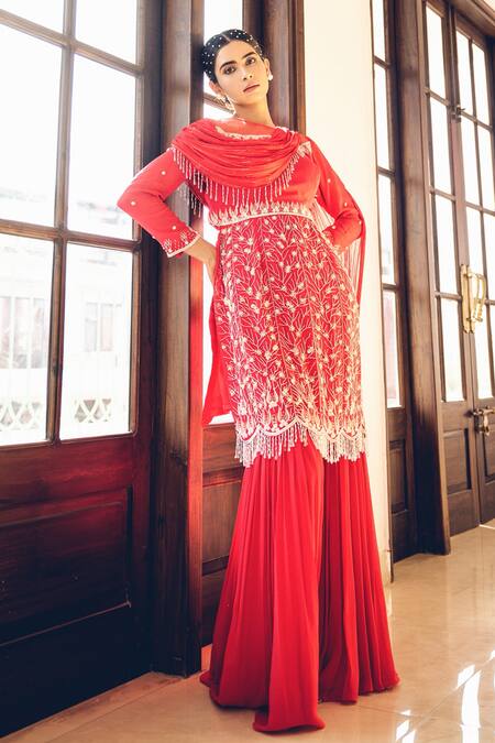 Shop_Nayna Kapoor_Red Chiffon And Georgette Bead & Thread Work Open Embroidered Sharara Set _Online_at_Aza_Fashions