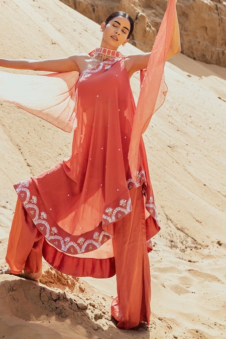 Nayna Kapoor_Orange Georgette, Satin Bead , Thread One Embroidered Kurta Set _Online_at_Aza_Fashions