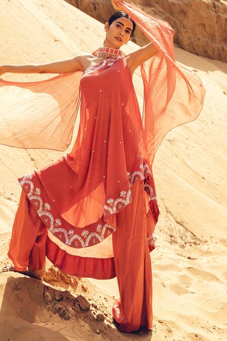Buy_Nayna Kapoor_Orange Georgette, Satin Bead , Thread One Embroidered Kurta Set _Online_at_Aza_Fashions