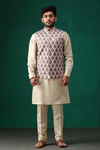 Minaki Beige Stretch Poly Silk Leaf Print Bundi Online at Aza Fashions Minaki_Beige Stretch Poly Silk Leaf Print Bundi _Online_at_Aza_Fashions