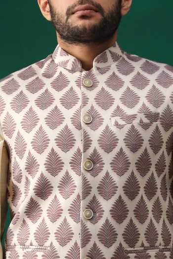 Buy Minaki Beige Stretch Poly Silk Leaf Print Bundi Online at Aza Fashions Buy_Minaki_Beige Stretch Poly Silk Leaf Print Bundi _Online_at_Aza_Fashions