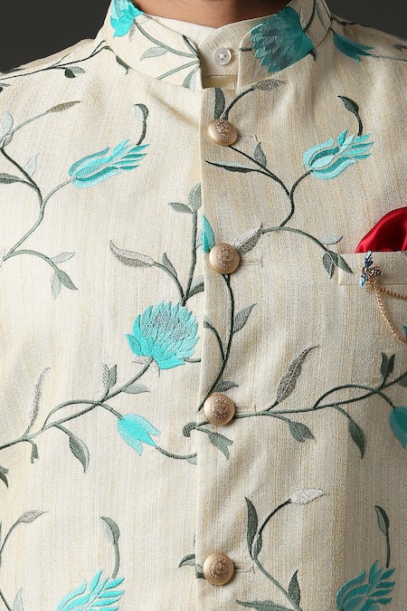 Minaki_Beige Stretch Poly Silk Floral Embroidered Bundi And Kurta Set _Online_at_Aza_Fashions