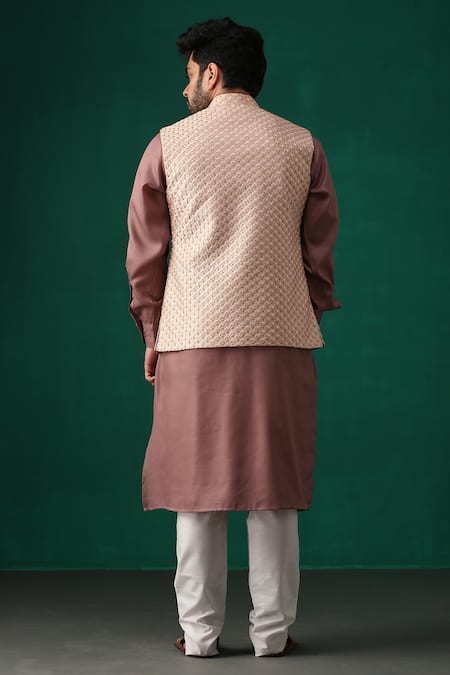 Shop_Minaki_Brown Stretch Poly Silk Floral Embroidered Bundi And Kurta Set _at_Aza_Fashions