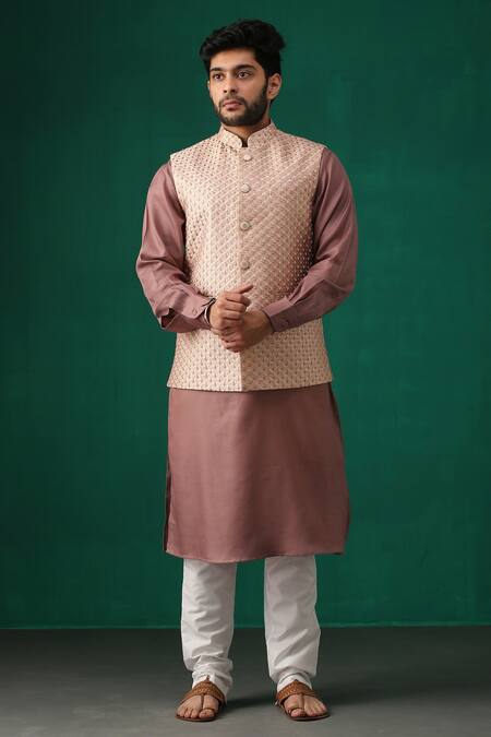 Minaki_Brown Stretch Poly Silk Floral Embroidered Bundi And Kurta Set _Online_at_Aza_Fashions