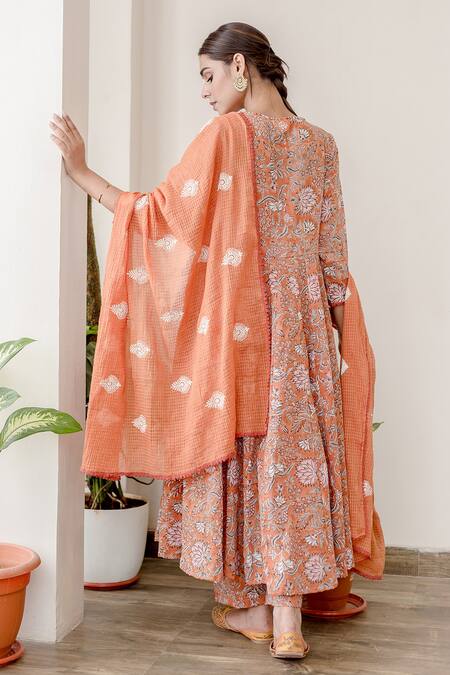 Shop_Gulabo Jaipur_Orange Cotton Floral Keyhole Print Anarkali Set_at_Aza_Fashions