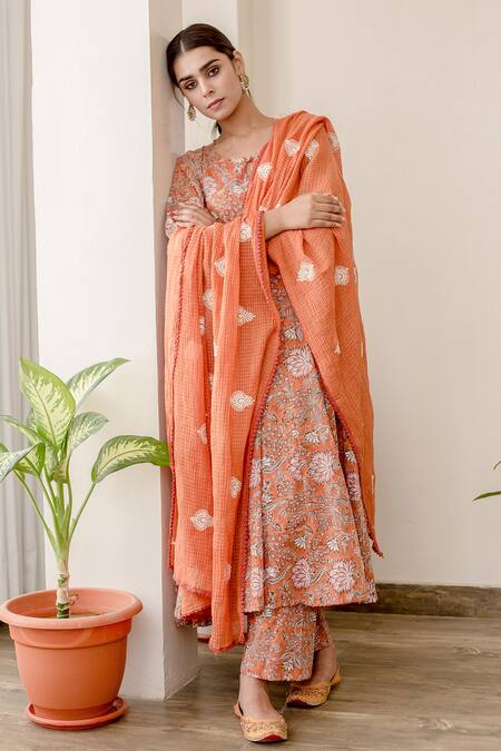 Gulabo Jaipur_Orange Cotton Floral Keyhole Print Anarkali Set_Online_at_Aza_Fashions