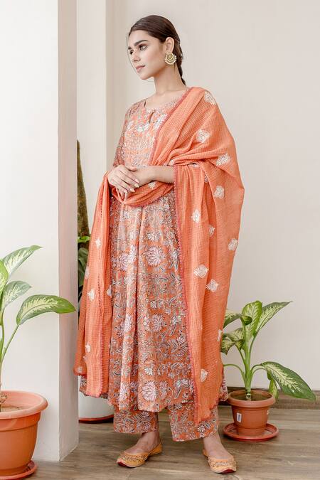 Buy_Gulabo Jaipur_Orange Cotton Floral Keyhole Print Anarkali Set_Online_at_Aza_Fashions