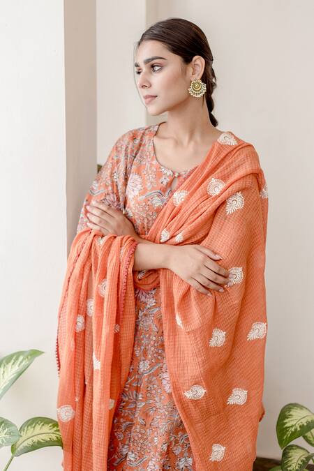 Shop_Gulabo Jaipur_Orange Cotton Floral Keyhole Print Anarkali Set_Online_at_Aza_Fashions