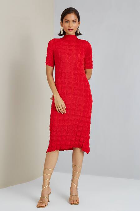 Scarlet Sage_Red Polyester Svetlana Quilted Dress_at_Aza_Fashions