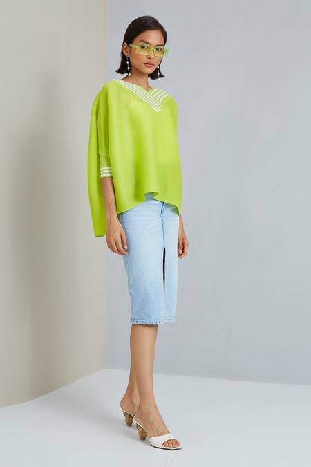 Scarlet Sage_Green 100% Polyester Striped V Neck Steffi Pleated Top_Online_at_Aza_Fashions