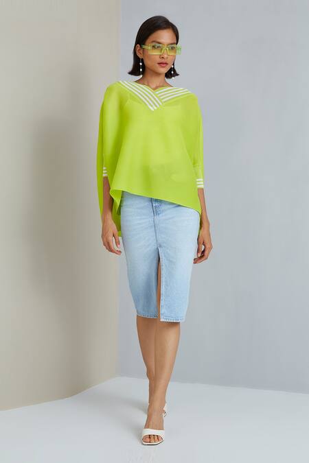 Buy_Scarlet Sage_Green 100% Polyester Striped V Neck Steffi Pleated Top_Online_at_Aza_Fashions