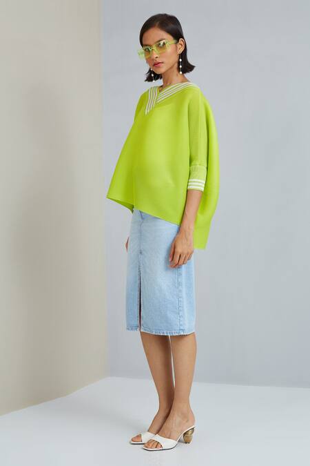 Shop_Scarlet Sage_Green 100% Polyester Striped V Neck Steffi Pleated Top_Online_at_Aza_Fashions