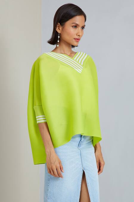 Scarlet Sage_Green 100% Polyester Striped V Neck Steffi Pleated Top_at_Aza_Fashions