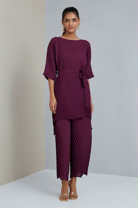 Scarlet Sage Purple Polyester Plain Chevron Round Laura Pleated Tunic And Pant Set  