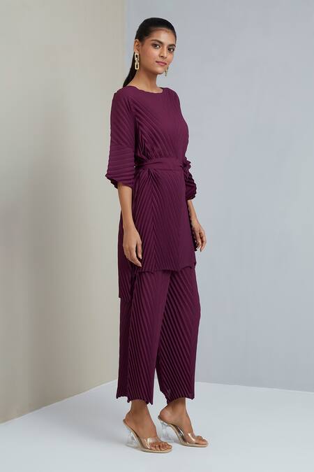 Scarlet Sage_Purple Polyester Chevron Round Laura Pleated Tunic And Pant Set_Online_at_Aza_Fashions