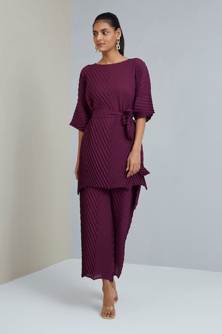 Buy_Scarlet Sage_Purple Polyester Chevron Round Laura Pleated Tunic And Pant Set_Online_at_Aza_Fashions