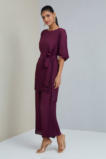 Shop_Scarlet Sage_Purple Polyester Chevron Round Laura Pleated Tunic And Pant Set_Online_at_Aza_Fashions