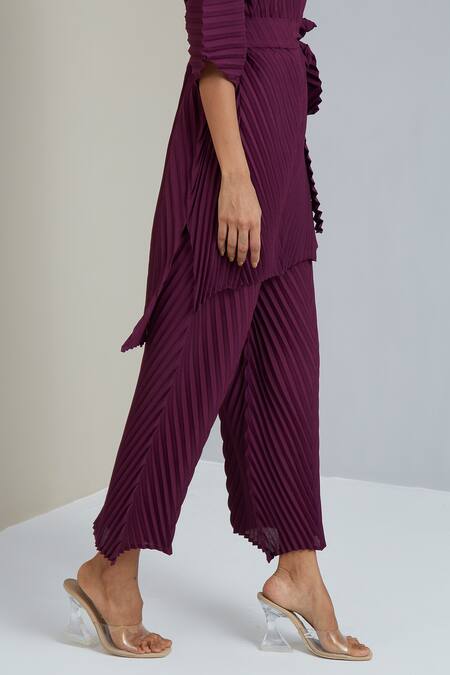 Scarlet Sage_Purple Polyester Chevron Round Laura Pleated Tunic And Pant Set_at_Aza_Fashions