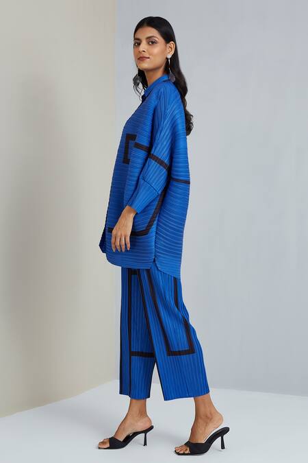Scarlet Sage_Blue Polyester Shannon Pleated Shirt And Pant Set_at_Aza_Fashions