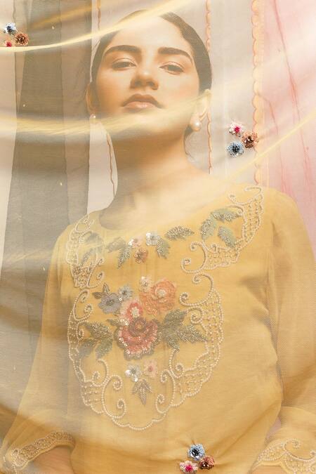Radha Sharma_Yellow Georgette Embroidered Glass Beads Boat Neck Pearl Kurta Set  _Online_at_Aza_Fashions