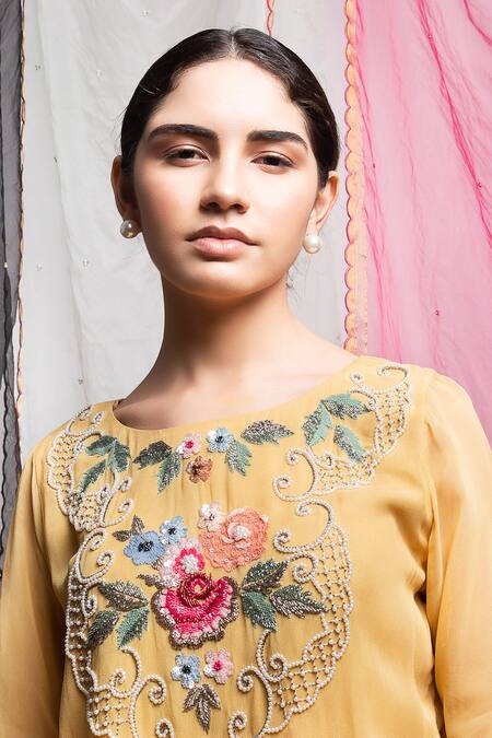 Buy_Radha Sharma_Yellow Georgette Embroidered Glass Beads Boat Neck Pearl Kurta Set  _Online_at_Aza_Fashions