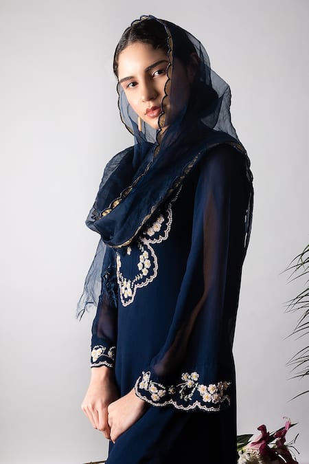 Buy_Radha Sharma_Blue Georgette Embroidered Glass Beads Bell Sleeve Kurta Palazzo Set  _Online_at_Aza_Fashions