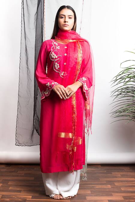 Radha Sharma Pink Georgette Embroidered Glass Beads Bell Sleeve Kurta Palazzo Set  