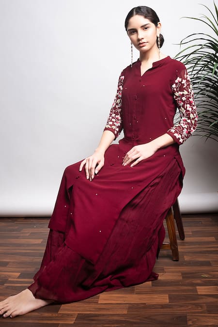 Radha Sharma Maroon Georgette Embroidered Pearl Mandarin Collar Kurta And Palazzo Set  