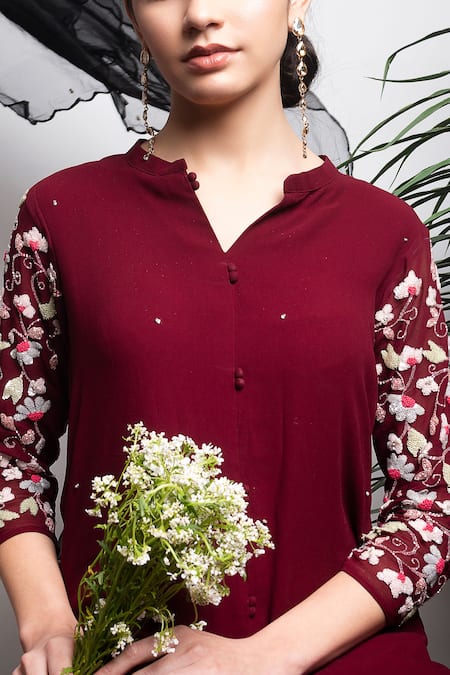 Radha Sharma_Maroon Georgette Embroidered Pearl Mandarin Collar Kurta And Palazzo Set  _Online_at_Aza_Fashions
