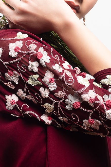 Buy_Radha Sharma_Maroon Georgette Embroidered Pearl Mandarin Collar Kurta And Palazzo Set  _Online_at_Aza_Fashions