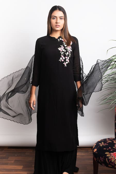 Radha Sharma Black Georgette Embroidered Pearl Mandarin Collar Kurta Set  