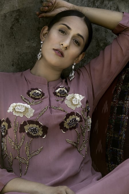 Shop Radha Sharma Pink Georgette Embroidered Pearl Mandarin Floral Kurta Palazzo Set at Aza Fashions Shop_Radha Sharma_Pink Georgette Embroidered Pearl Mandarin Floral Kurta Palazzo Set _at_Aza_Fashions