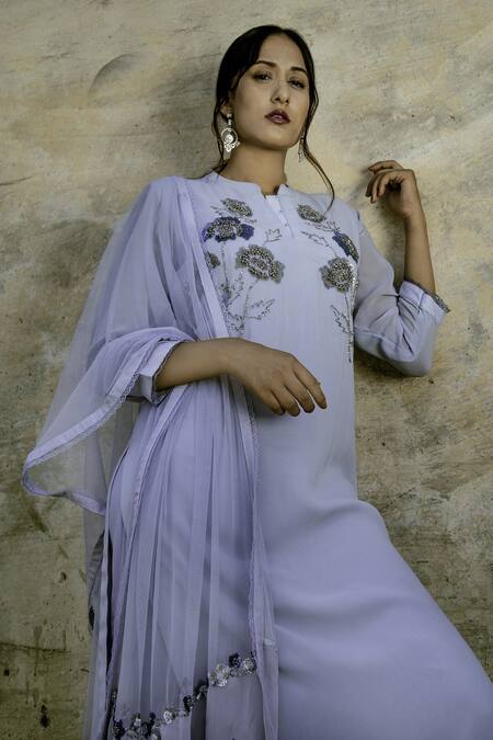 Shop Radha Sharma Blue Georgette Embroidered Pearl Mandarin Sequin Kurta Pant Set at Aza Fashions Shop_Radha Sharma_Blue Georgette Embroidered Pearl Mandarin Sequin Kurta Pant Set _at_Aza_Fashions