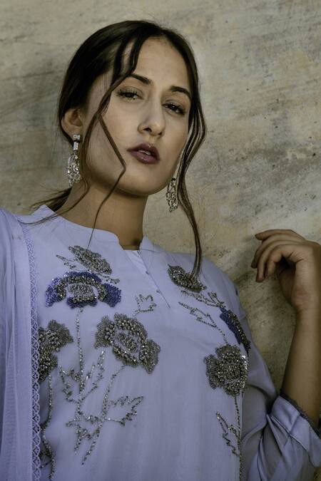 Radha Sharma Blue Georgette Embroidered Pearl Mandarin Sequin Kurta Pant Set Online at Aza Fashions Radha Sharma_Blue Georgette Embroidered Pearl Mandarin Sequin Kurta Pant Set _Online_at_Aza_Fashions