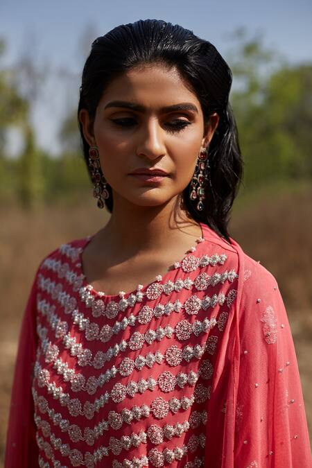 Radha Sharma_Pink Georgette Embroidered Floral Motifs Round Hand Kurta Palazzo Set  _Online_at_Aza_Fashions