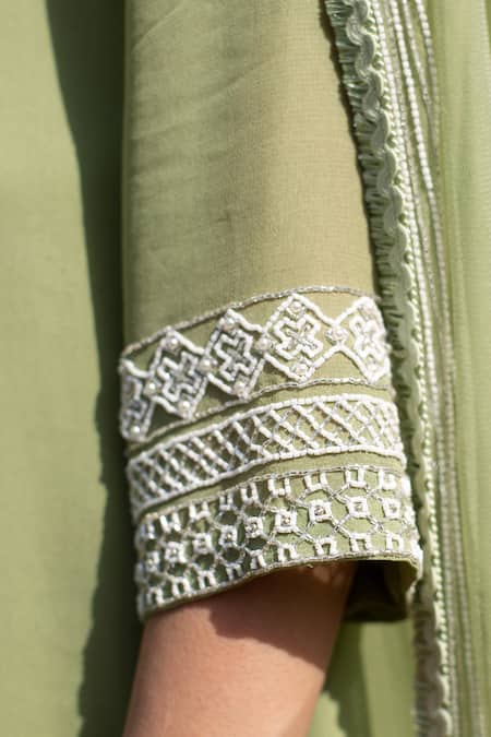 Shop Radha Sharma Green Georgette Embroidered Geometric Asymmetric Kurta Palazzo Set Online at Aza Fashions Shop_Radha Sharma_Green Georgette Embroidered Geometric Asymmetric Kurta Palazzo Set _Online_at_Aza_Fashions