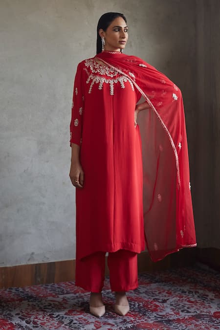 Shop Radha Sharma Red Georgette Embellished Floral Motifs Round Kurta Palazzo Set at Aza Fashions Shop_Radha Sharma_Red Georgette Embellished Floral Motifs Round Kurta Palazzo Set _at_Aza_Fashions