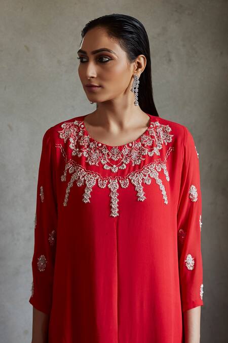 Buy Radha Sharma Red Georgette Embellished Floral Motifs Round Kurta Palazzo Set Online at Aza Fashions Buy_Radha Sharma_Red Georgette Embellished Floral Motifs Round Kurta Palazzo Set _Online_at_Aza_Fashions