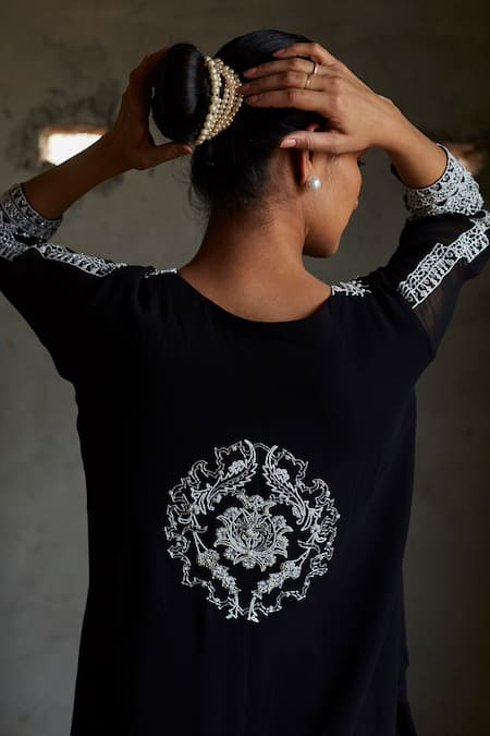 Shop Radha Sharma Black Georgette Embroidered Geometric Motifs Round Kurta Set at Aza Fashions Shop_Radha Sharma_Black Georgette Embroidered Geometric Motifs Round Kurta Set _at_Aza_Fashions