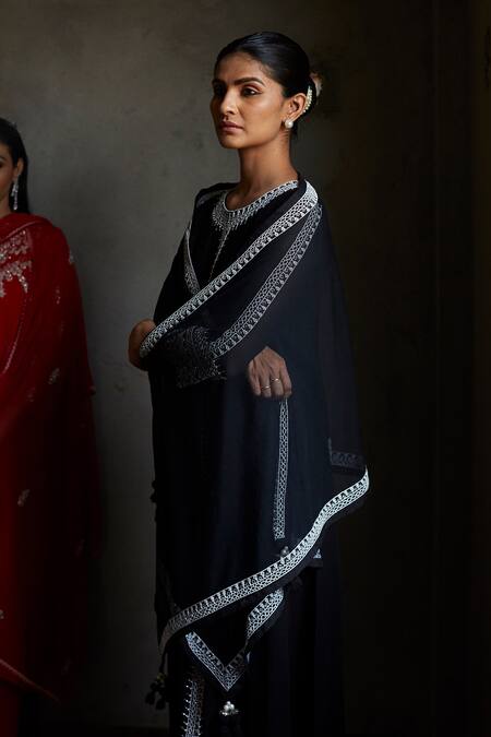 Shop Radha Sharma Black Georgette Embroidered Geometric Motifs Round Kurta Set Online at Aza Fashions Shop_Radha Sharma_Black Georgette Embroidered Geometric Motifs Round Kurta Set _Online_at_Aza_Fashions