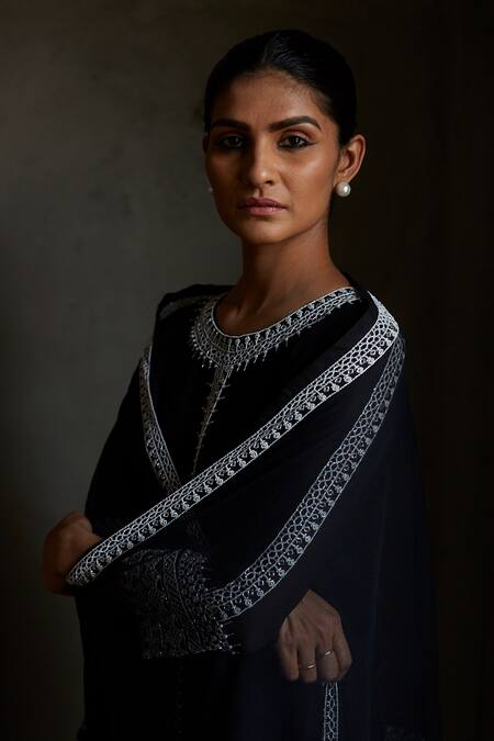 Radha Sharma Black Georgette Embroidered Geometric Motifs Round Kurta Set at Aza Fashions Radha Sharma_Black Georgette Embroidered Geometric Motifs Round Kurta Set _at_Aza_Fashions