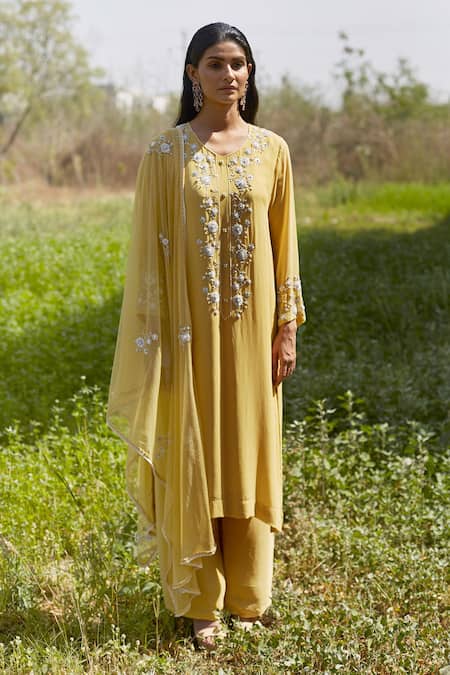 Radha Sharma Yellow Georgette Embroidered Floral Motifs Leaf Neck Kurta Pant Set  