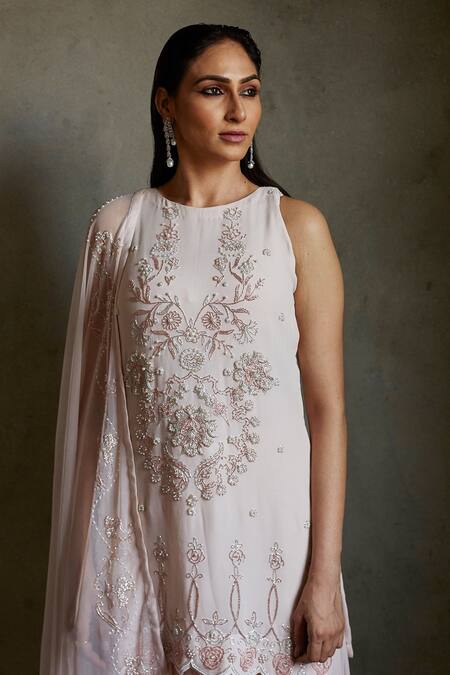 Radha Sharma Pink Georgette Embroidered Floral Round Kurta Gharara Set Online at Aza Fashions Radha Sharma_Pink Georgette Embroidered Floral Round Kurta Gharara Set _Online_at_Aza_Fashions