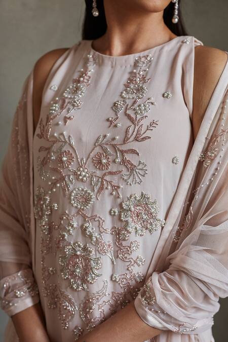 Radha Sharma Pink Georgette Embroidered Floral Round Kurta Gharara Set at Aza Fashions Radha Sharma_Pink Georgette Embroidered Floral Round Kurta Gharara Set _at_Aza_Fashions