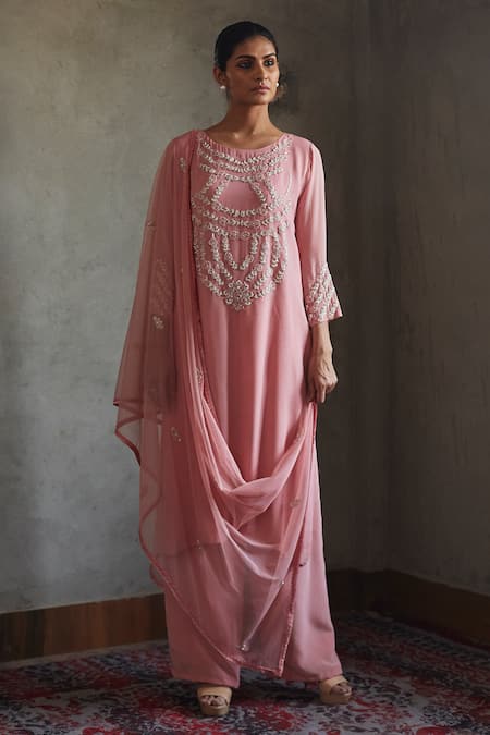 Radha Sharma Pink Georgette Embroidered Floral Motifs Round Tonal Kurta Pant Set  