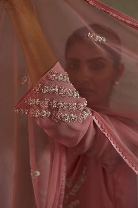 Buy_Radha Sharma_Pink Georgette Embroidered Floral Motifs Round Tonal Kurta Pant Set  _Online_at_Aza_Fashions